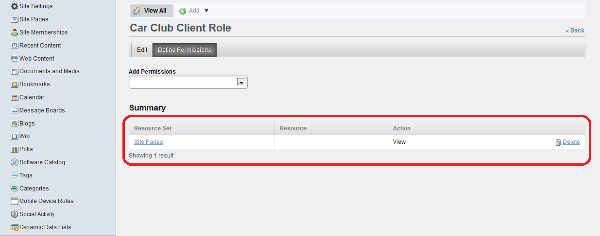 Implementação CAPÍTULO 6 6.3.4. Car Club Client Role Figura 62 Permissões da Car Club Owner Role A Car Club Client Role define as acções permitidas a um Car Club Client no Website.