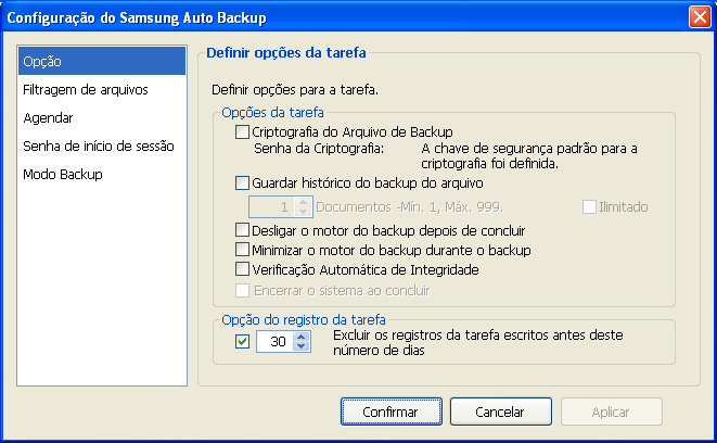 Avançado Modificar Opções Para modificar as opções iniciais de backup da barra de ferramentas (tipos de arquivo de backup, agendamento de backup, etc.): 1.Clique em Ferramentas -> Opçõ es 2.