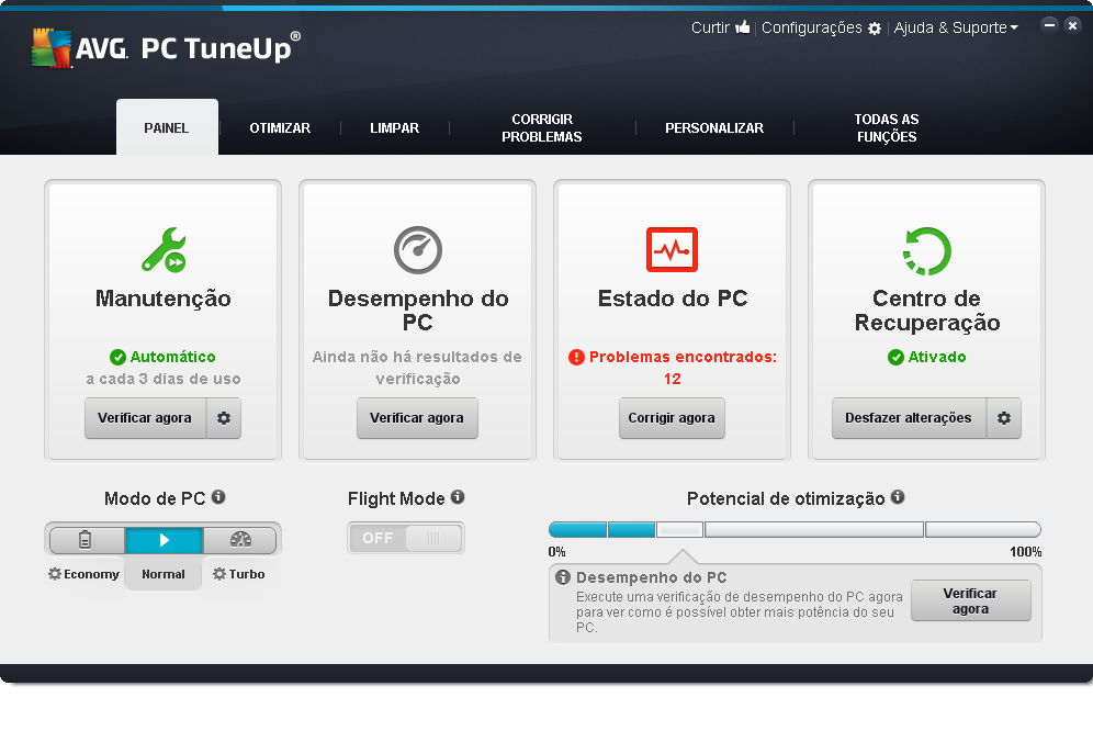 7. Painel A categoria Painel mostra o status atual das três áreas de função mais importantes fornecidas pelo AVG PC TuneUp.