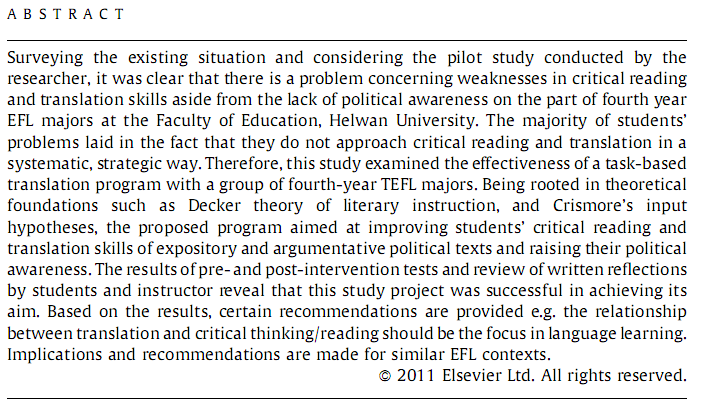 308 Anexo F Texto Acadêmico Text 4 Academy HALIM, S. M. A. Improving EFL majors critical reading skills and political awareness: a proposed translation program.