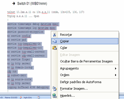 Copie a seleção clicando com o botão direito do mouse sobre o texto selecionado e posteriormente clicando sobre a opção Copiar (figura 40) Figura 39 Figura 40 Ir para a console do equipamento e