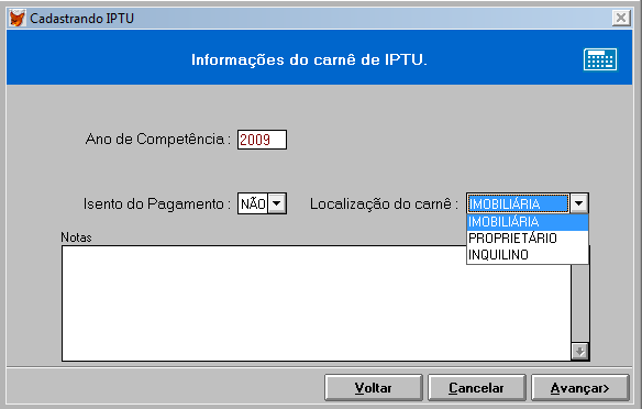 e) Informe o ano de competência, isento (SIM/NÃO) e a localização do carnê.