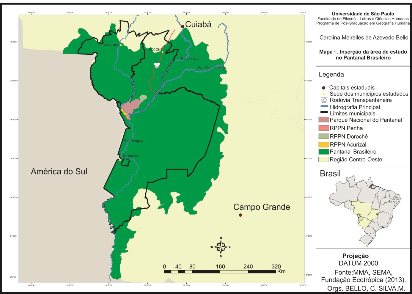 Mapa 1: Inserção da área de estudo no Pantanal Brasileiro O título de patrimônio natural mundial é uma proposta da Unesco para promover a identificação, a proteção e a preservação do patrimônio