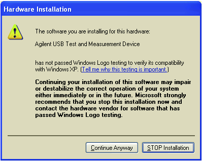 6 Um aviso aparecerá na janela Instalação de hardware (Hardware Installation), como mostrado a seguir. Clique em Continuar mesmo assim (Continue Anyway) para continuar a instalação do driver.
