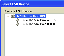 3 Aparecerá a caixa de diálogo Select USB Device. Ela mostrará todos os módulos USB conectados ao computador, como mostrado abaixo.