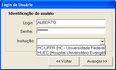 8 FIGURA 2 - AUTENTICAÇÃO DO USUÁRIO E ESCOLHA DA INSTITUIÇÃO O programa possui um sistema de segurança para o qual são exigidos o código e a senha do usuário.