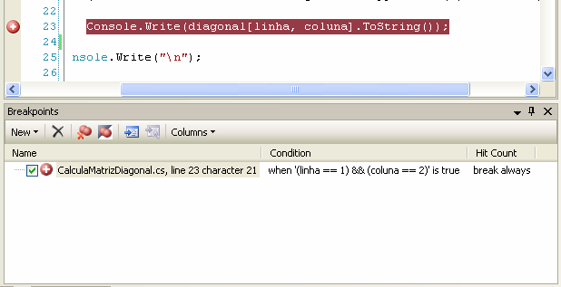 return matriz; Breakpoints e condições Para criar um breakpoint, basta clicar na barra cinza, à esquerda do código, e é criado um breakpoint.