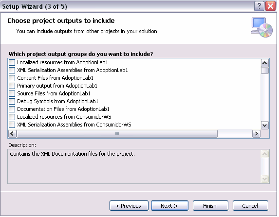 Uma das grandes vantagens de se criar um projeto de setup na mesma Solution em que se encontra a aplicação é que a lista acima aparece, permitindo selecionarmos para cada projeto os grupos de