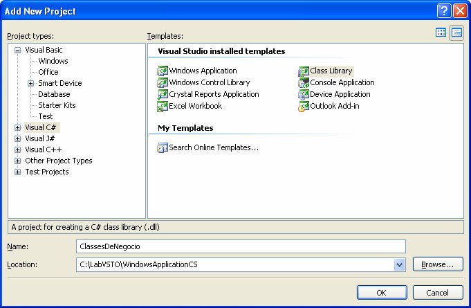 Selecione o projeto Class Library, e dê o nome de ClassesDeNegocio. Deixe que o projeto fique na mesma estrutura da solução, e clique em OK.