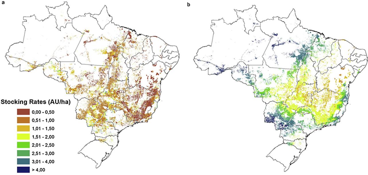 Figura 22 Produtividade atual e potencial produtivo das pastagens cultivadas no Brasil (a) índices atuais da taxa de lotação no Brasil em UA/ha; (b) Potencial produtivo das pastagens (UA/ha).