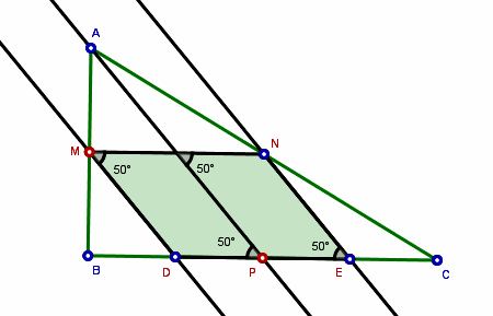 Ao explorar a figura o aluno é capaz de observar que o quadrilátero DENM é um paralelogramo, pois o lado MN é paralelo ao lado BC e o lado DM é paralelo ao lado EM, sendo estas afirmações
