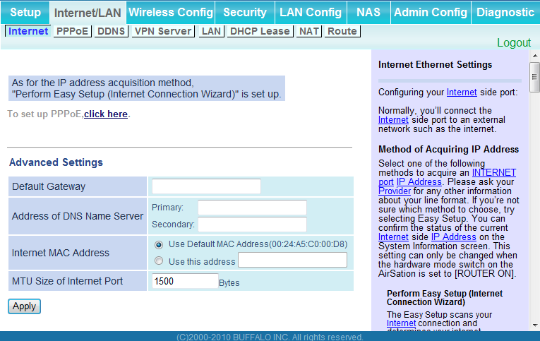 Capítulo 4 Configuração Internet/LAN (LAN Config) (Internet/LAN (Configuração de LAN)) Internet (Somente modo roteador) Configure a porta do lado da WAN ( porta de Internet ).