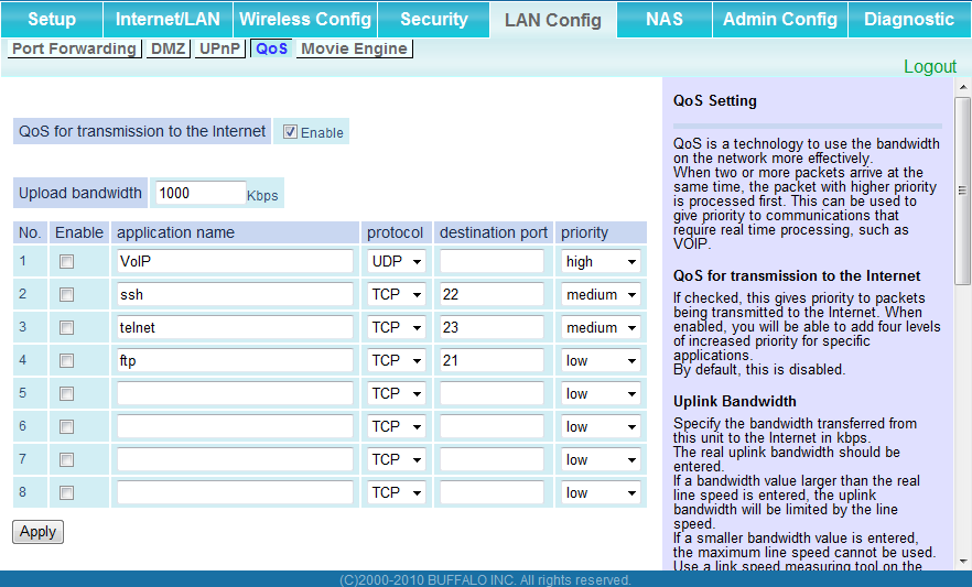 Capítulo 4 Configuração QoS (Somente modo roteador) Configure a prioridade dos pacotes enviados para a Internet.