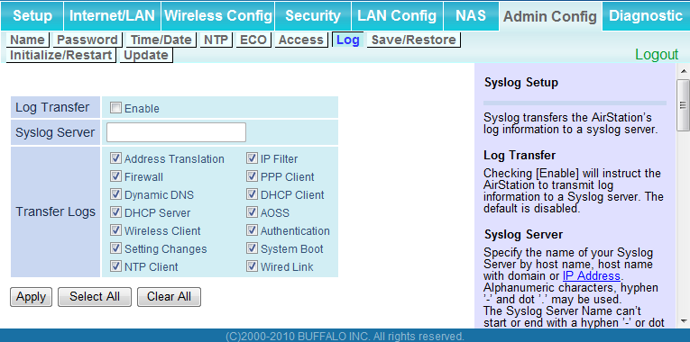 Capítulo 4 Configuração Log (Registro) Transfira os registros do AirStation para um servidor de syslog.