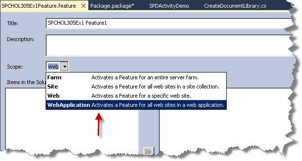 Tarefa 6: Configurar um recurso usando o Designer de Recursos 1. Clique com o botão direito do mouse na pasta Recursos no Gerenciador de Soluções no projeto SPCHOL305Ex1 e selecione Adicionar Recurso.