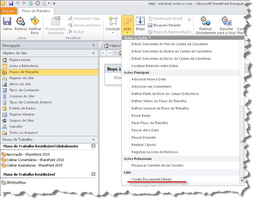 5. Clique no botão Ações na faixa de opções e role até Labs e clique em Create Document Library. Observação: Fizemos esta atividade anteriormente no Visual Studio.
