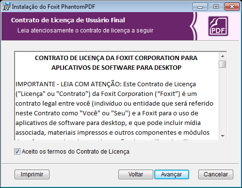 2. Este programa é protegido por leis de direitos autorais e você tem que aceitar o Contrato de Licença para prosseguir. Marque Aceito os termos do Contrato de Licença para continuar. 3.