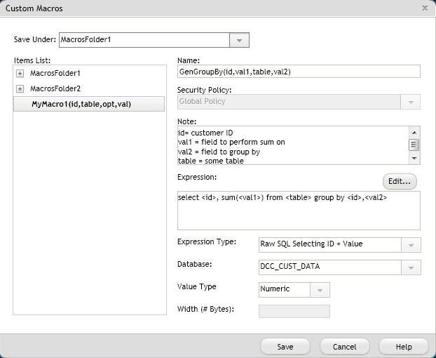 O exemplo a seguir mostra uma noa definição de macro customizada. 11. Clique em Salar. A macro customizada é sala na Lista de Itens.