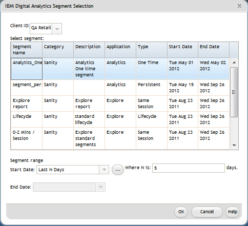 3. No diálogo Seleção de Segmento do IBM Digital Analytics: Selecione um ID de Cliente na lista para exibir uma lista de todos os segmentos publicados associados a esse cliente do IBM Digital