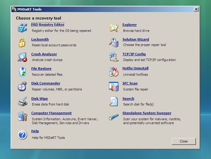 Quando o boot estiver concluído você terá acesso a tela do ERD Commander 6.0, através desta tela é que pode acessar as ferramentas típicas do Windows Vista e os utilitários do ERD.