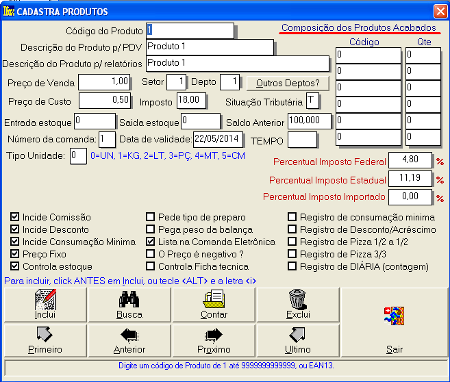 Use os botões de navegação e altere os produtos um a um. O valor PERCENTUAL a ser digitado no campo do % de imposto, deve corresponder à um percentual aproximado do total de impostos pagos neste item.