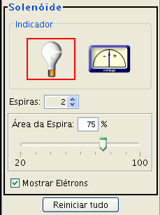 A simulação possibilita alterar o número de espiras do solenóide entre uma e quatro espiras. Ela funciona como o primário do transformador.