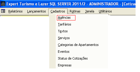 Manual de Cotizações (esse manual se aplica a partir da versão 2011/0003 do Expert Turismo e Lazer) Você deve acessar o item Lançamentos na tela de entrada e depois clicar no botão Cotizações.
