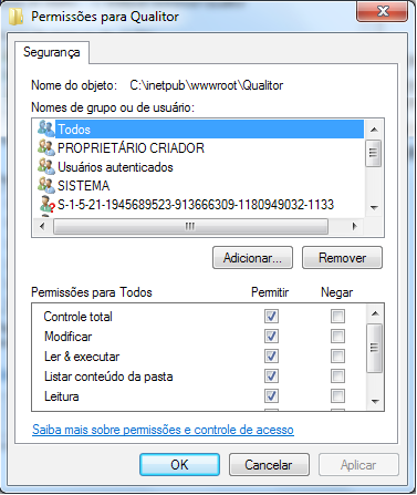 Após o termino da instalação é obrigatório revisar as permissões C:\Qualitor e
