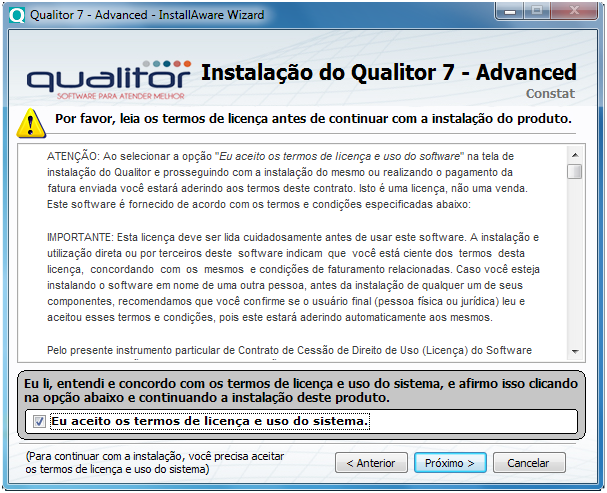 1.1.3 Seleção de recursos para instalação Nesta tela poderão ser escolhidos os recursos do Qualitor que serão instalados, como por exemplo: QAgente, QBilling, etc.