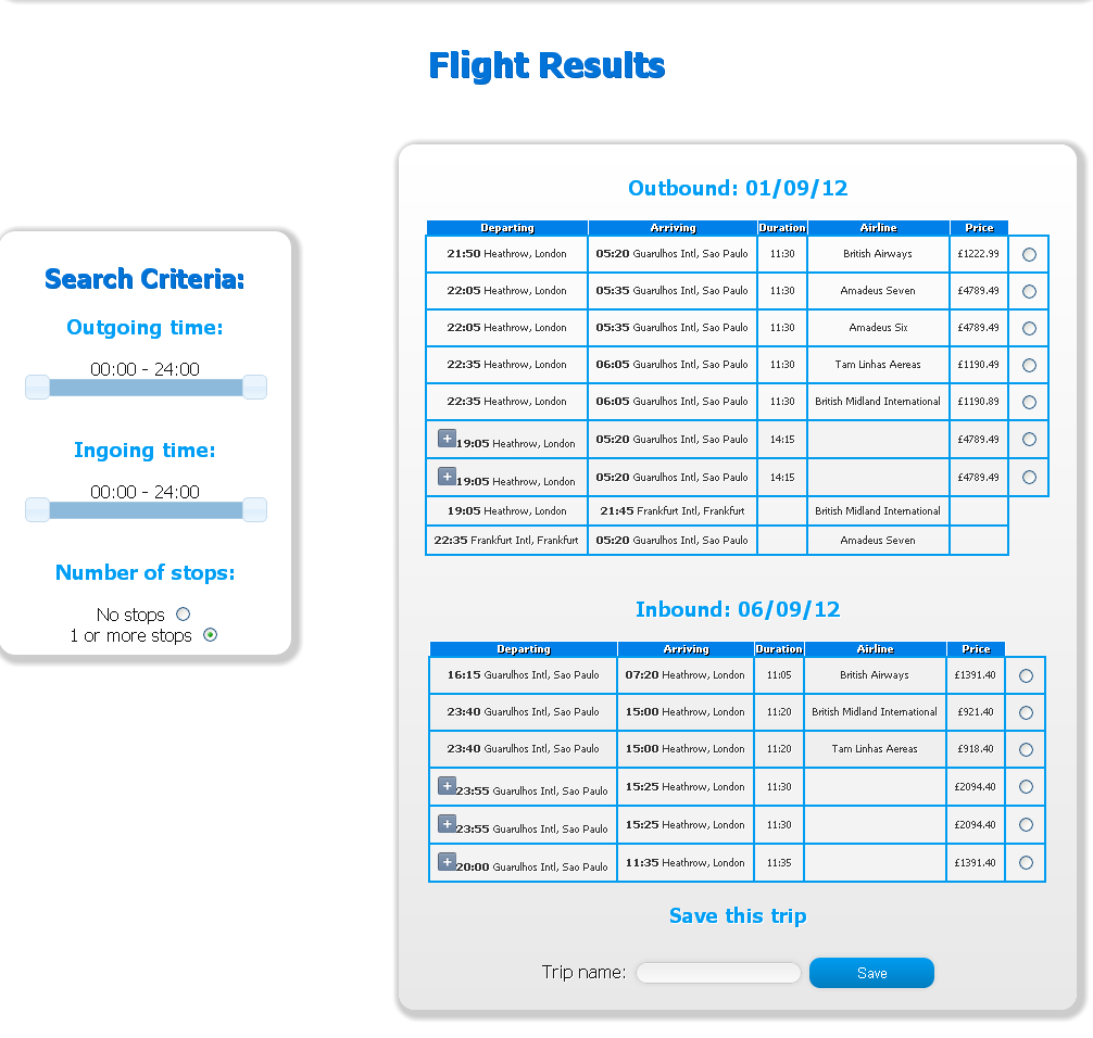 In the left-hand side, a parameter bar can filter the displayed flights by departure times and number of stops.