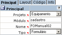 5.2.1.1 Principal Nesta paleta principal o desenvolvedor poderá visualizar os seguintes campos para configuração. Projeto Módulo Nome Tipo Nome identificador de todo o projeto.