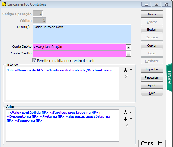 Uma operação contábil pode ser composta por vários lançamentos. Para visualizá-los clique no botão Lançamentos.