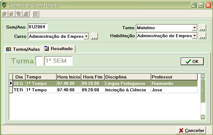 8.3.8.4 Tela que mostra as aulas de uma turma Caminho: CADASTRO/Gerenciar Grade Curricular/Grade Horária Resultado.