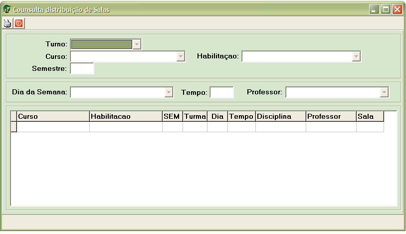 8.3.15 Tela Consulta Distribuição de Salas Caminho: CONSULTA/Distribuição de Salas Essa consulta é utilizada quando se quer informações a respeito de uma aula ou professor.
