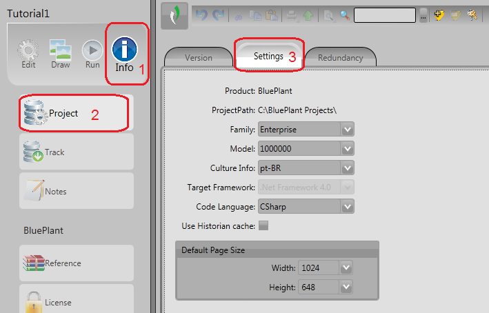 Figura 6-69. Guia Settings Os itens que compõem a guia Settings estão numerados na figura anterior e são descritos na sequência: 1. Selecionar a opção Info 2. Selecionar a opção Project 3.