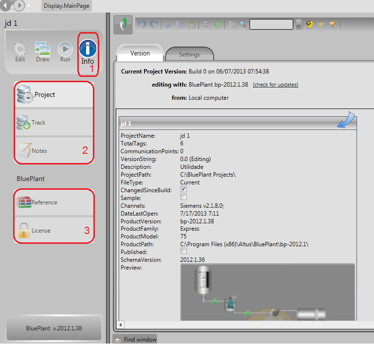 5. Menu Principal do BluePlant Figura 5-4. Menu Info Os itens que compõem o menu Info estão numerados na figura anterior e são descritos na sequência: 1.