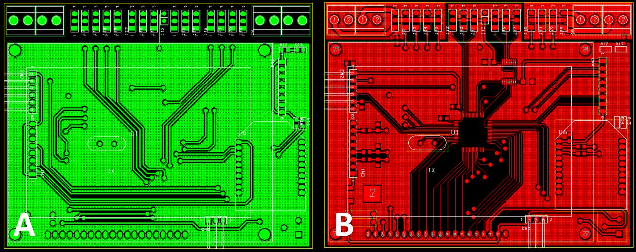 42 Figura 14 - Layout do PCI do hardware principal, produzido no software Orcad (A) camada superior; (B) camada inferior.