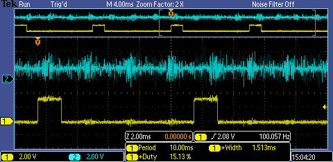 Na Figura 69, pode-se verificar a mudança do sinal do joystick para 0V (lado esquerdo) e o sinal do PWM em 11,13% de duty cycle, valor mínimo permitido pelo software do µc para a rotação no sentido