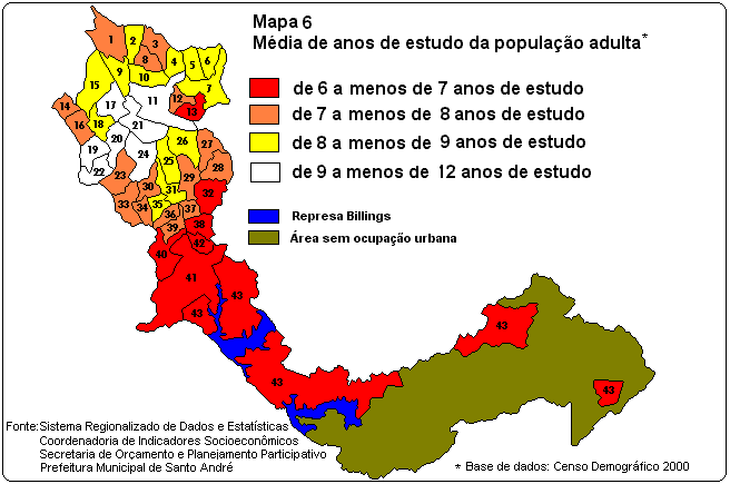 O mapeamento do indicador de escolaridade adulta é apresentado no Mapa 6 Média de anos de estudo da população adulta.