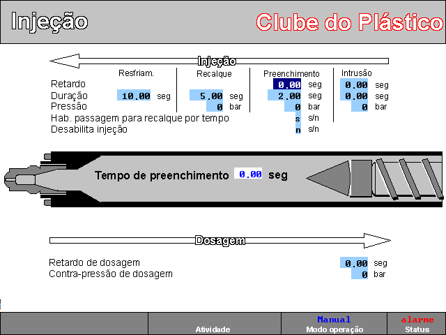 Tela de injeção Na tela de injeção, programa-se os parâmetros referentes ao processo de injeção e dosagem. Abaixo, descrição dos parâmetros que envolvem esta tela.