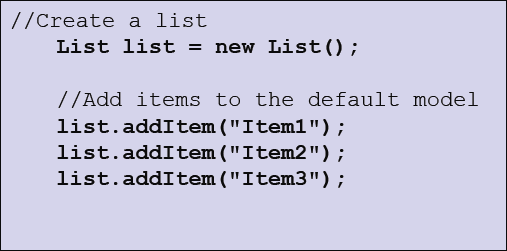 List Crucial para aplicações interativas; Modelo de separação MVC (ListModel, ListCellRenderer e ListEvents, respectivamente);