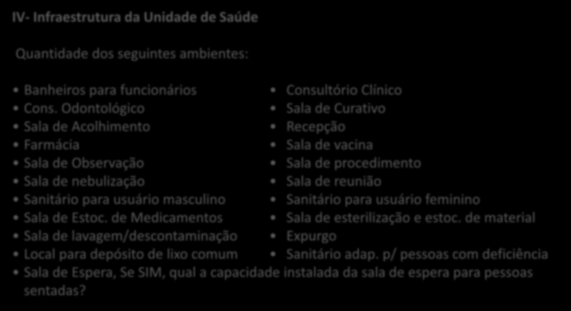 DADOS DO CENSO DAS UBS IV- Infraestrutura da Unidade de Saúde Quantidade dos seguintes ambientes: Banheiros para funcionários Consultório Clínico Cons.