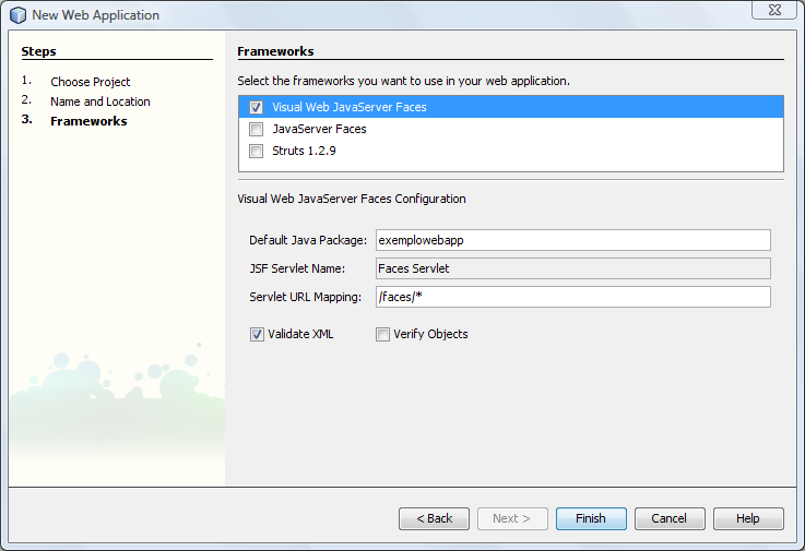 Figura 4.6: Terceiro passo para a criação de uma aplicação web utilizando NetBeans - Escolha do framework a ser utilizado.