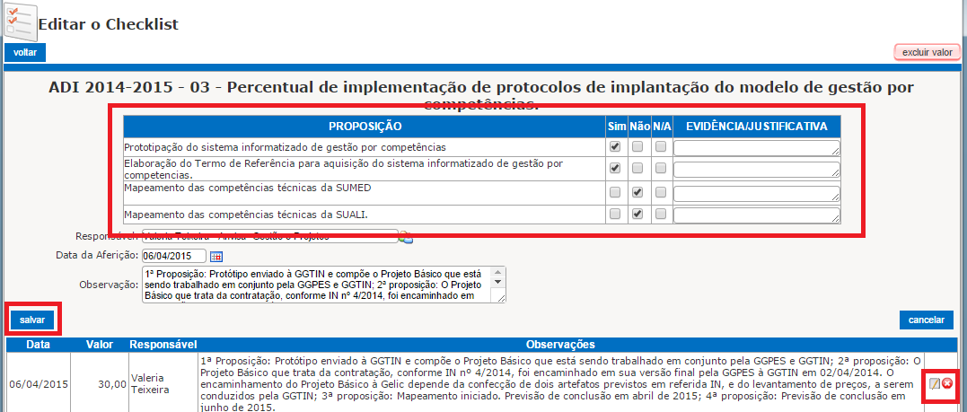 Figura 14: Registros do Checklist. Para alterar um registro já cadastrado, deve-se clicar no botão Editar, que fica no lado direito da tela, na lista de registros.