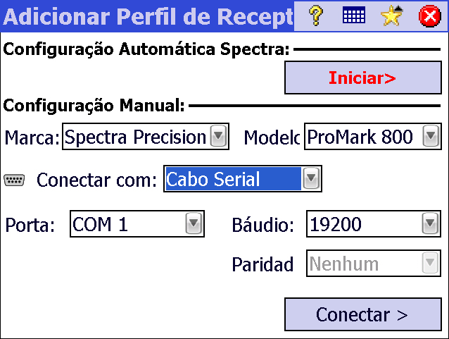 Adicionar um Perfil de Receptor Utilizando uma Configuração Manual: Exemplos de uma Conexão Serial No painel de Configuração Manual, proceda da seguinte forma: Selecione a marca do seu receptor GNSS
