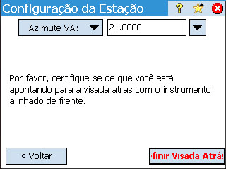 Comece a configuração da estação do seguinte modo: Vá até o Menu Principal, depois toque Pesquisa > Configuração da Estação. Escolha Tipo de Conf= Ponto Conhecido.