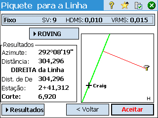 Outras rotinas de piquetagem Você pode usar o Survey Pro para outras rotinas de piquetagem. Piquete para a Linha: Permite que você localize qualquer posição em relação a uma linha predefinida.