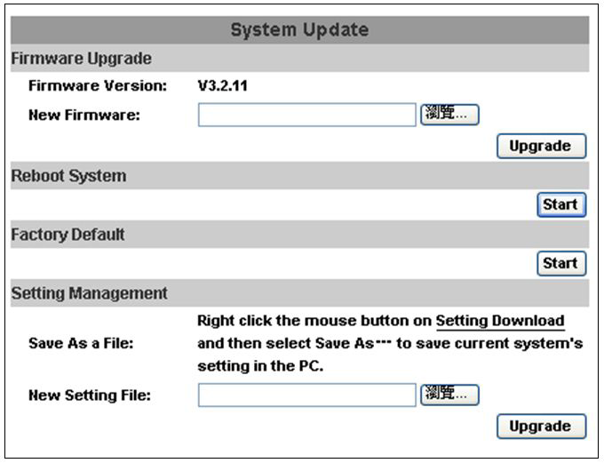 24 System update: a. Para atualizar o firmware online, clique em Browse para selecionar o firmware. Então clique em Upgrade para efetuar a atualização. b. Reboot system: reinicia a Câmera IP c.