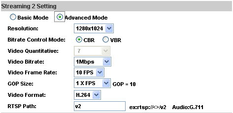 36 d. Streaming 2 Basic Mode: 1. Resolution: Existem 6 resoluções que podem ser escolhidas. 1280x1024, 1280x960, 800x592, 640x480, 320x240, 176x144 2.