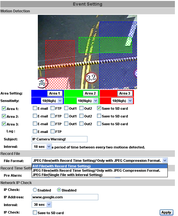 D. Lista de Evento A Câmera IP fornece múltiplas configurações de eventos. Event Setting a. Motion Detection : A Câmera IP suporta 3 áreas de detecção de movimento.